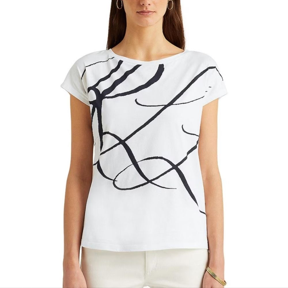 Lauren Ralph Lauren Black Label White Graphic Top M Casual Elegance